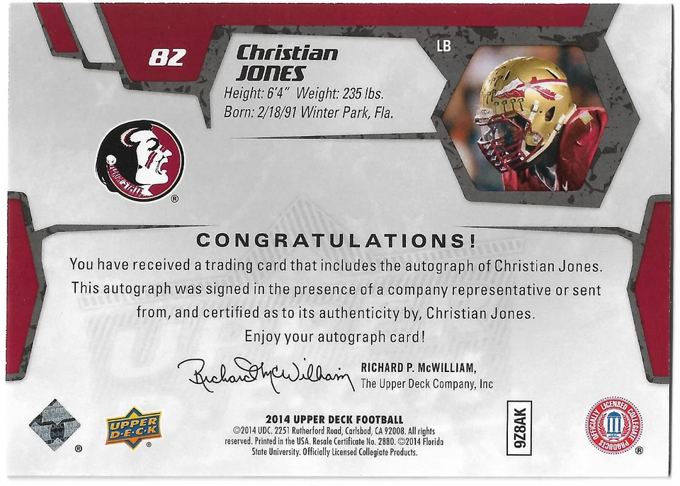 2014 Upper Deck Star Rookies Auto Christian Jones #82 Auto RC Seminoles - Image 2 of 2