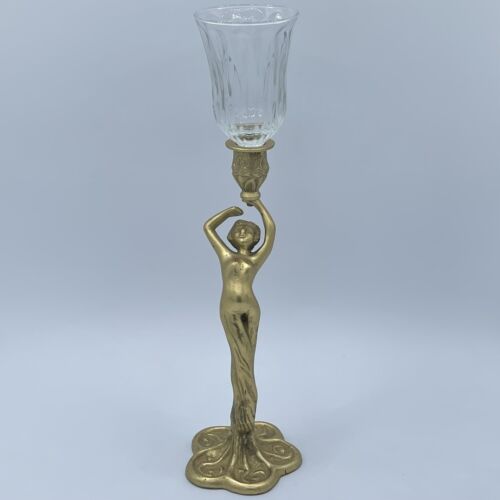 Art Nouveau Deco Brass Figural Nude Lady Woman Statue Candle Candlestick Holder - Afbeelding 1 van 7