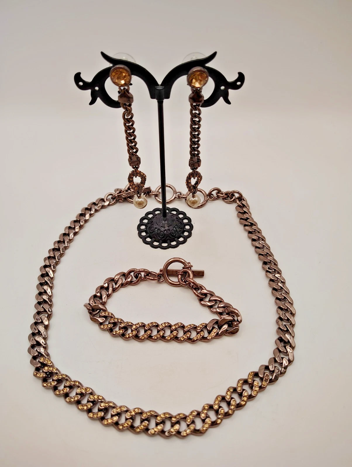 Givenchy Set Collana Bracciale e Orecchini Catena Cristallo Gunmetal Firmati LEGGI