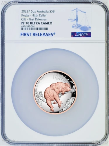 2022 Australia Pink Gold GILT HIGH RELIEF 5oz Silver Koala $8 Coin NGC PF70 FR