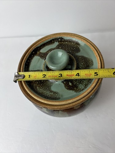 Barattolo biscotti in ceramica gettato a mano con coperchio firmato smalto blu a goccia 6" - Foto 11 di 11