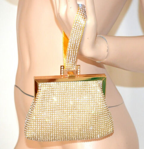 POCHETTE donna oro dorato borsello bracciale clutch borsa strass elegante U1300 - Photo 1 sur 5