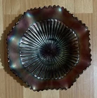 Antique Carnival Glass 8 3/4" Iridescent Bowl Stippled Rays with Ruffled Rim