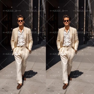 Linen Beige Men's Suits Vacation Beach Wedding Groom Tuxedo Summer Regular 2 Pec