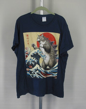 Catzilla Great Wave Japanese Art Cat T-Shirt Women's XXL Navy Graphic Tee