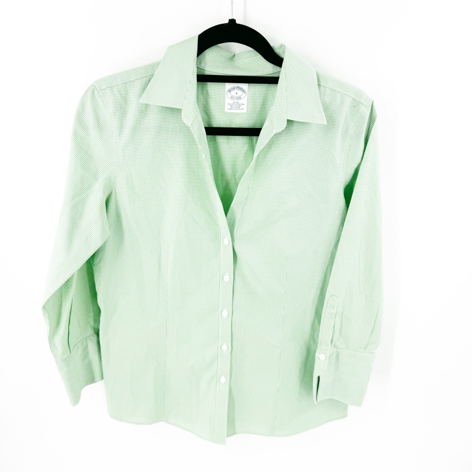 Brooks Brothers Womens 8 Green Gingham Non-Iron Stretch Fitted Button Down Shirt