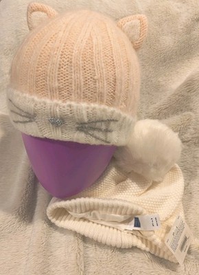 NWT Janie & Jack Girls/Youth Cream/Ivory Cable Knit Pom Beanie & Cat Beanie Hat