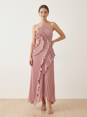 pleated frill halter neck maxi dress block print