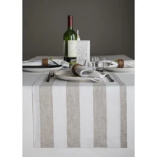 Linen Table Runner 36 Inches - Cabana Stripe 100% Pure Linen Natural and Whit...