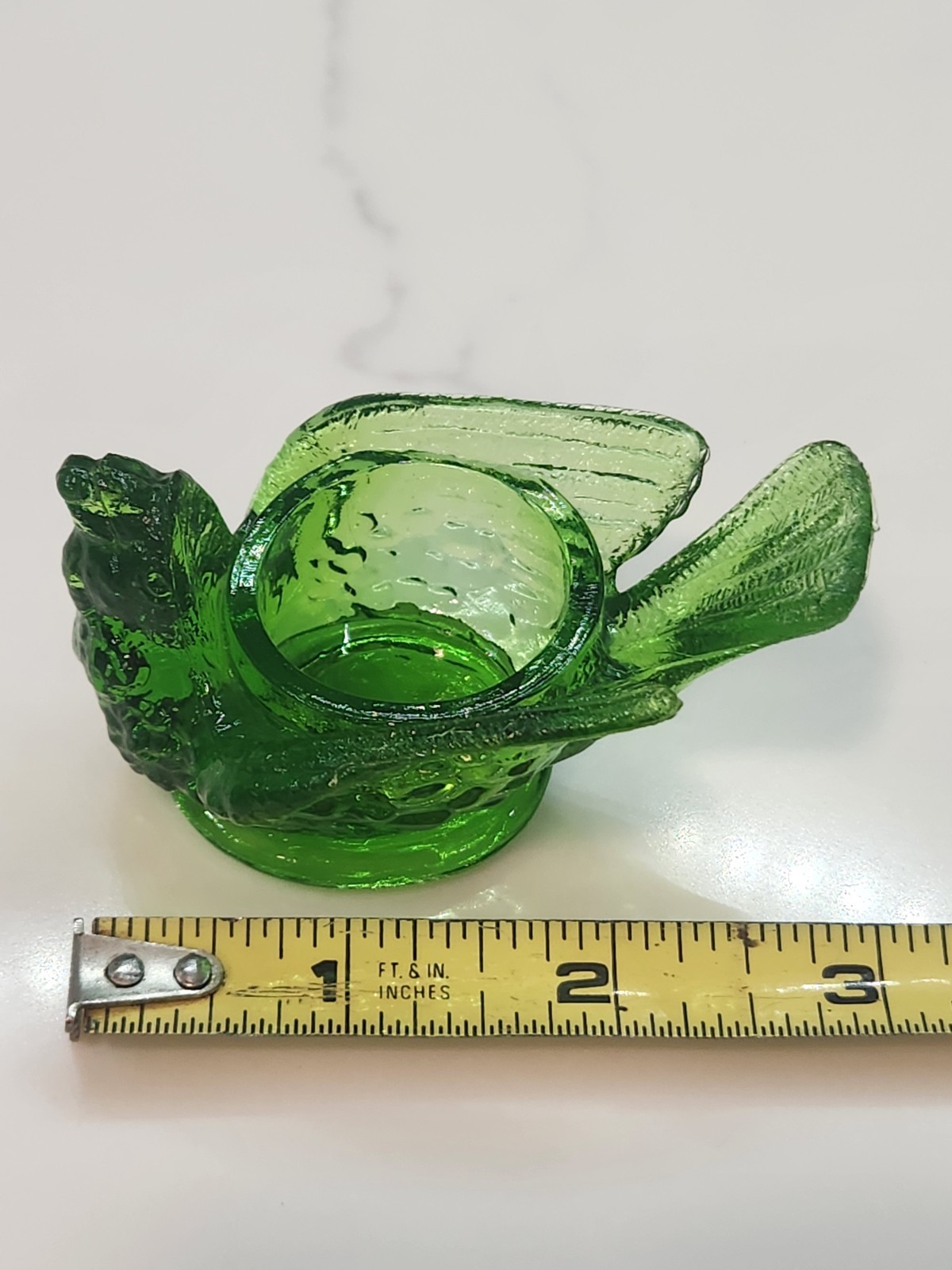 Vintage DEGENHART Green Glass Bird & Berry Salt Cellar Glows With Blacklight