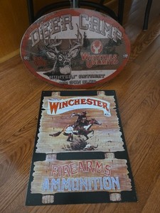 Lot 2 Winchester Firearms Ammunition Deer Camp Hunters Gun Club Metal Wall Signs