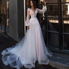 Long Sleeves Wedding Dresses Floral Lace Gowns Princess Vintage Brides Dress