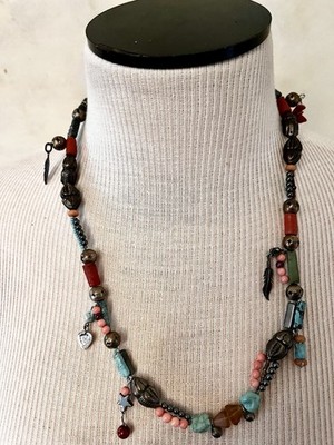 Artisan Crafted Turquoise & Red Coral Necklace w/Metal Beads & Charms Southwest