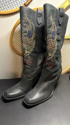 Gianni Bini Black Embroidered Western Boots Suede 9.5