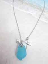 Sea Glass Necklace Ocean Blue Beach Coastal Silver Starfish Pearl Charms Dainty