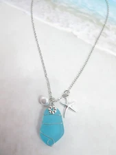 Sea Glass Necklace Ocean Blue Beach Coastal Silver Starfish Pearl Charms Dainty