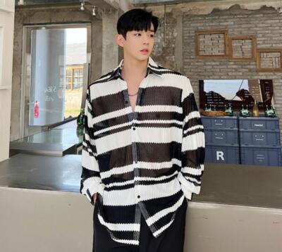 Men's Fashion Summer Lapel Long Sleeve Loose Stripe Hollow Out