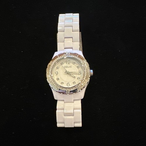 Relic by Fossil ZR11898 crystal accent bezel white band women's watch