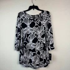 JM Collection Womens L Black White Bloom Floral Printed Relaxed Fit Top NWT AU81