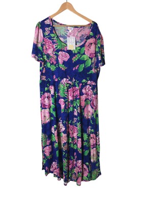 LuLaRoe Maxi Dress Women's Size 3XL Blue Pink Riley Floral Short Sleeve NEW