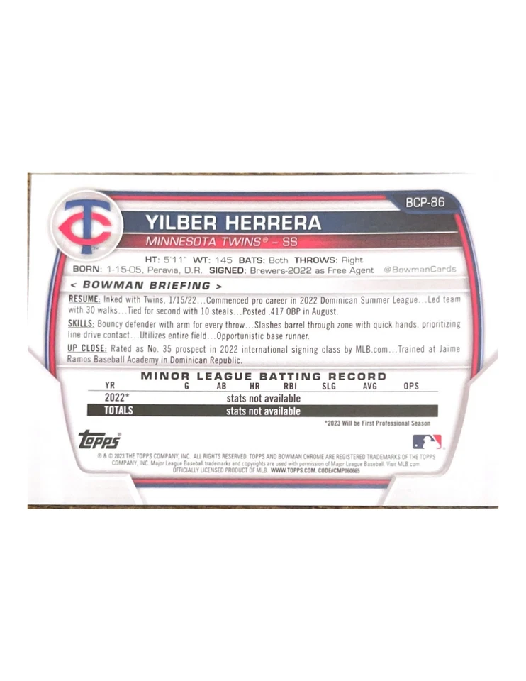 2023 Bowman Chrome [Orange Refractor] #BCP-86 Yilber Herrera 08/25 - Image 2 of 2