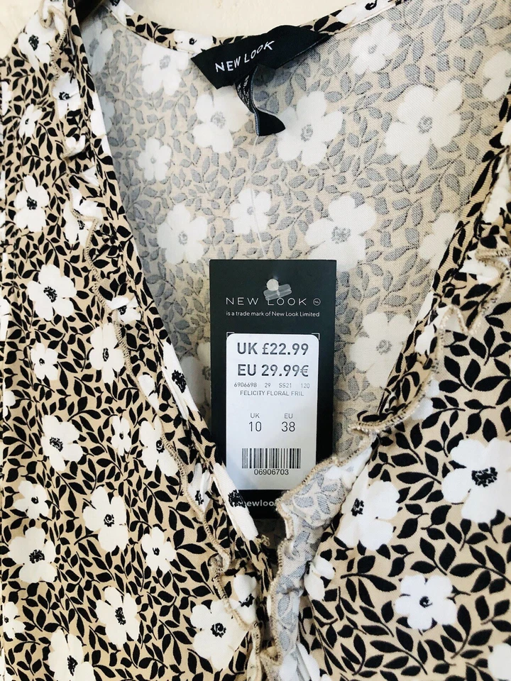 NEW LOOK Top Uk10 Taupe/Black/White Floral Sleeveless Frill BNWT RRP £22.99 - Image 3 of 4