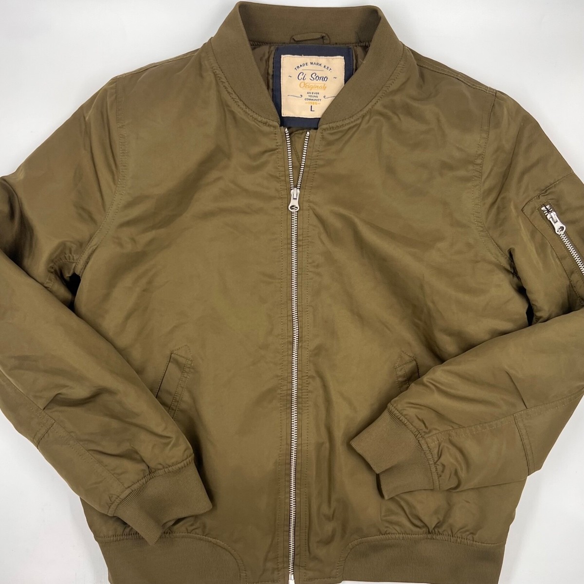 Ci Sono Mens Bomber Jacket Size L Olive Green Fullzip Lightweight