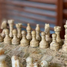 Staunton Coral & Green Onyx Chess Men Set Weighted Pro Marble - No Board!