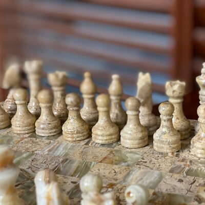 Staunton Coral & Green Onyx Chess Men Set Weighted Pro Marble - No Board!