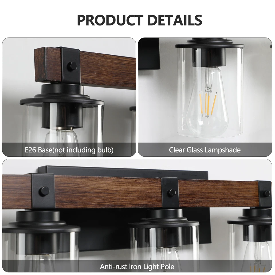 Luminária de parede 6 luzes 42"" madeira fazenda preta para banheiro espelho - Imagem 4 de 4