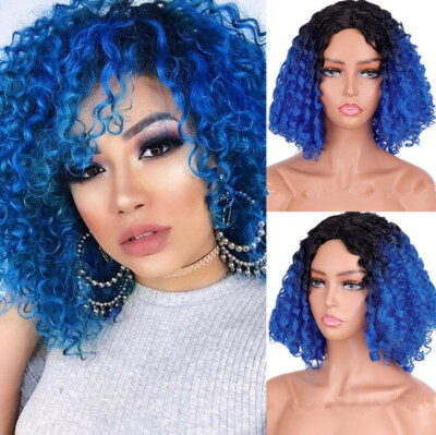 Ombre Blue Kinky Curly Wigs Cosplay Party Bob Blue Wigs for Women None Lace Wigs
