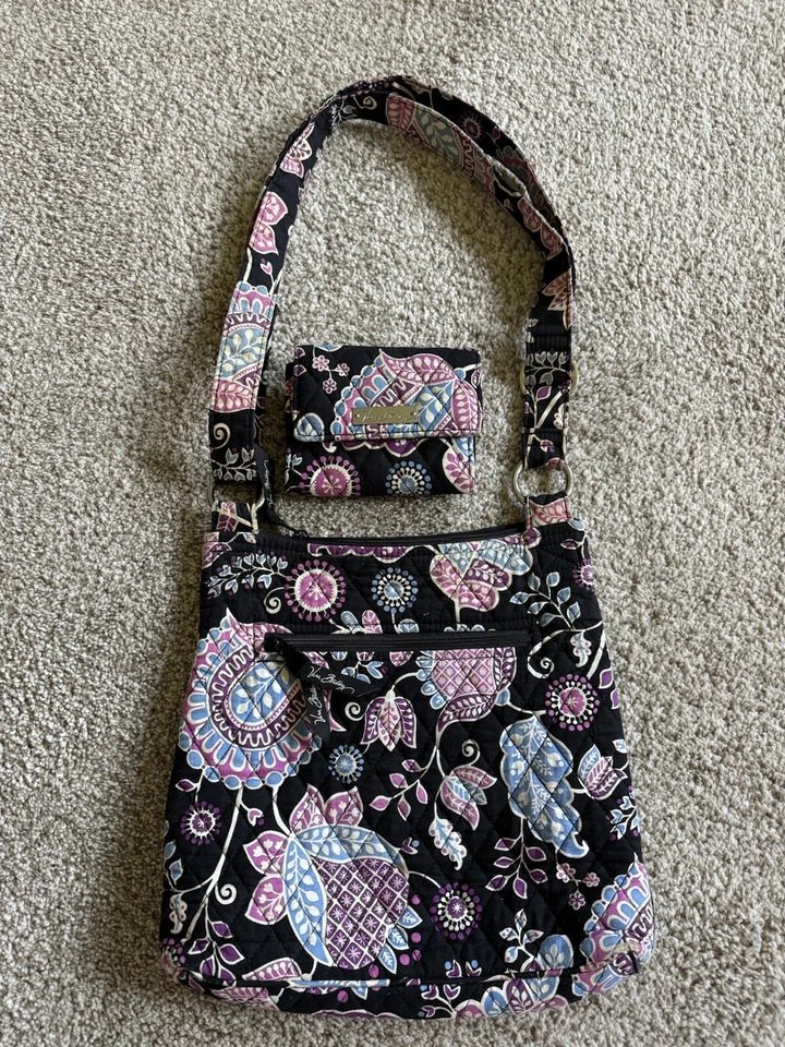 Bolso Cartera Vera Bradley Correa para el Hombro Tela + Cartera Negro + Lavanda Floral 11X11 Foto 4 de 4