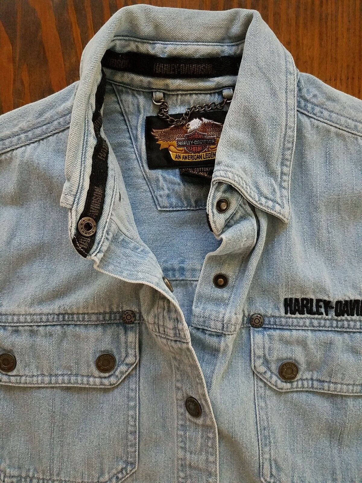 Vintage Harley Davidson Sz XS Women Denim Shirt Snap Button Embroidered