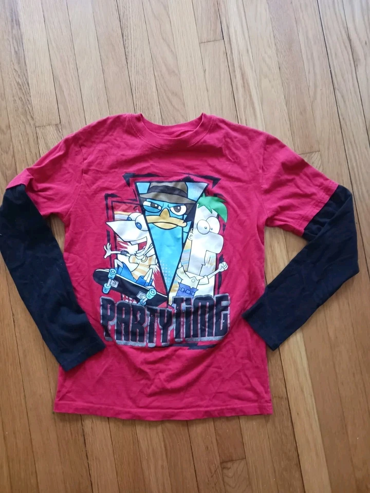 Camiseta Phineas and Ferb Disney Niños Manga Larga Gráfica Roja Negra 10/12 Foto 2 de 4