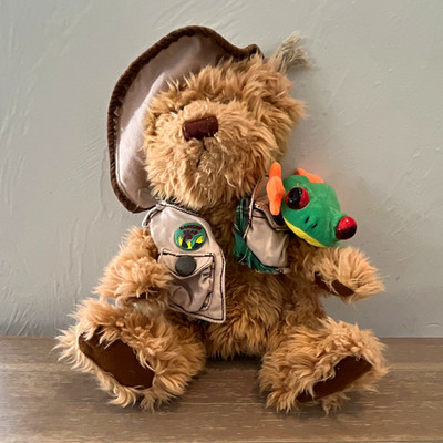 RainForest Cafe Rudy Bear Plush Small w/ Safari Hat Vest & Frog Accessory 1999