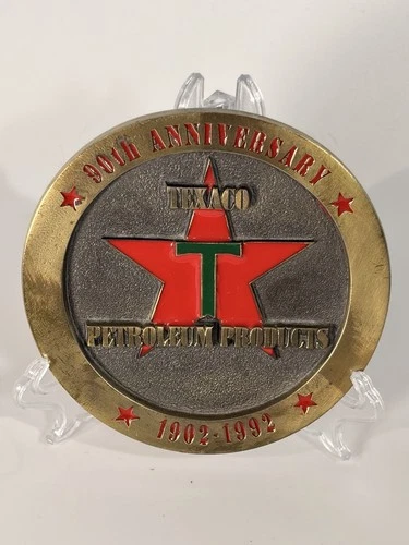 Vintage Texaco Gas Petroleum Products 90th Anniversary Brass Paper Weight Enamel