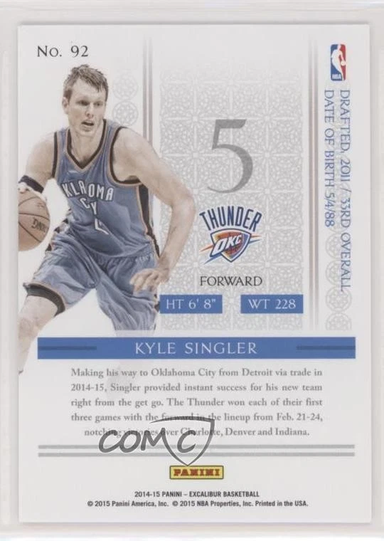 2014-15 Panini Excalibur Black 1/1 Kyle Singler #92 0c3 - Image 2 of 3