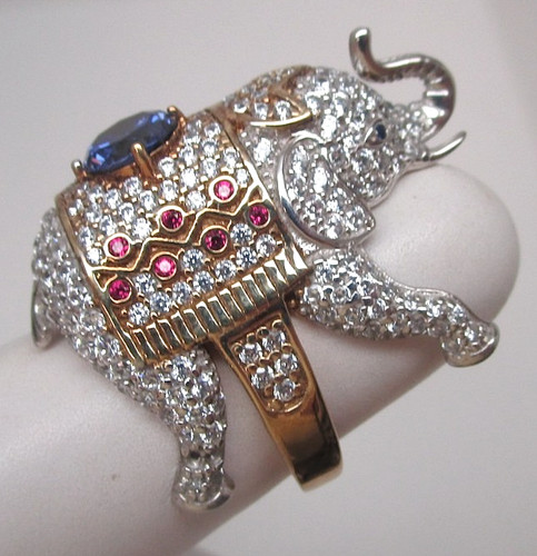 Sterling Silver Cubic Zirconia Elephant Ring Gold Plated Size 6.5