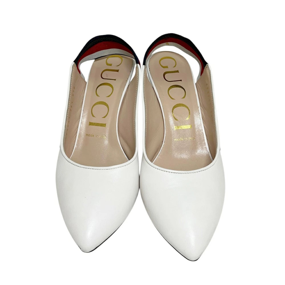 GUCCI 525941 Be Pointed Toe Pumps Leather White Heel 23.5cm Sandals Shoes USED-B
