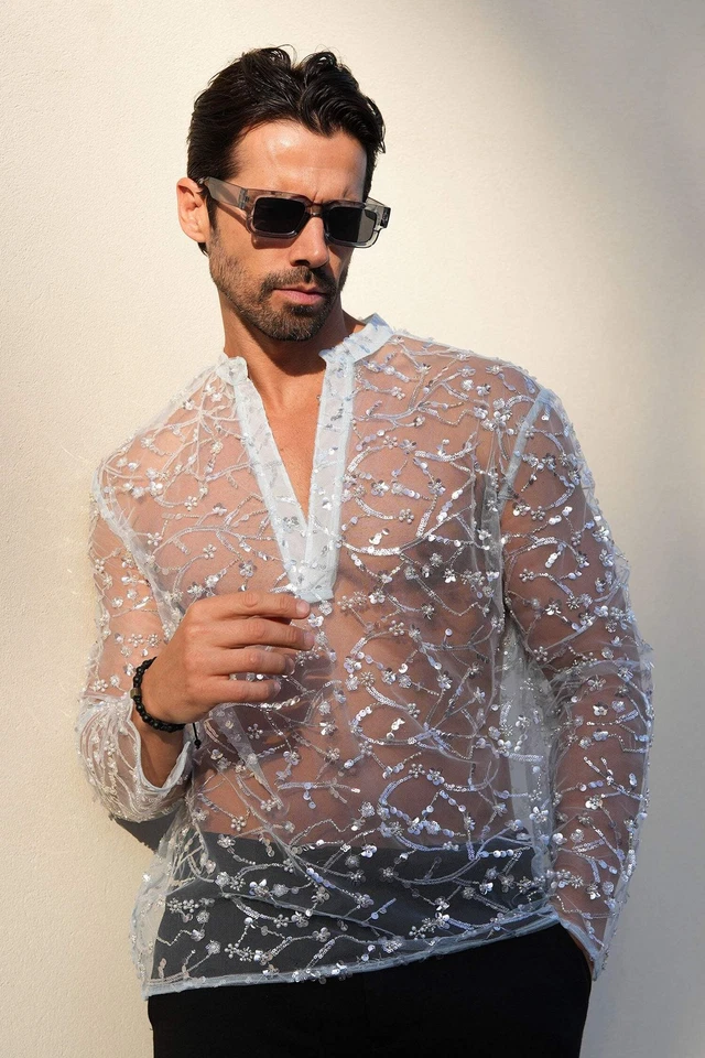 Barabas Men's Floral See Through Sequins Long Sleeve Shirts 5PST02 - Image 2 of 4