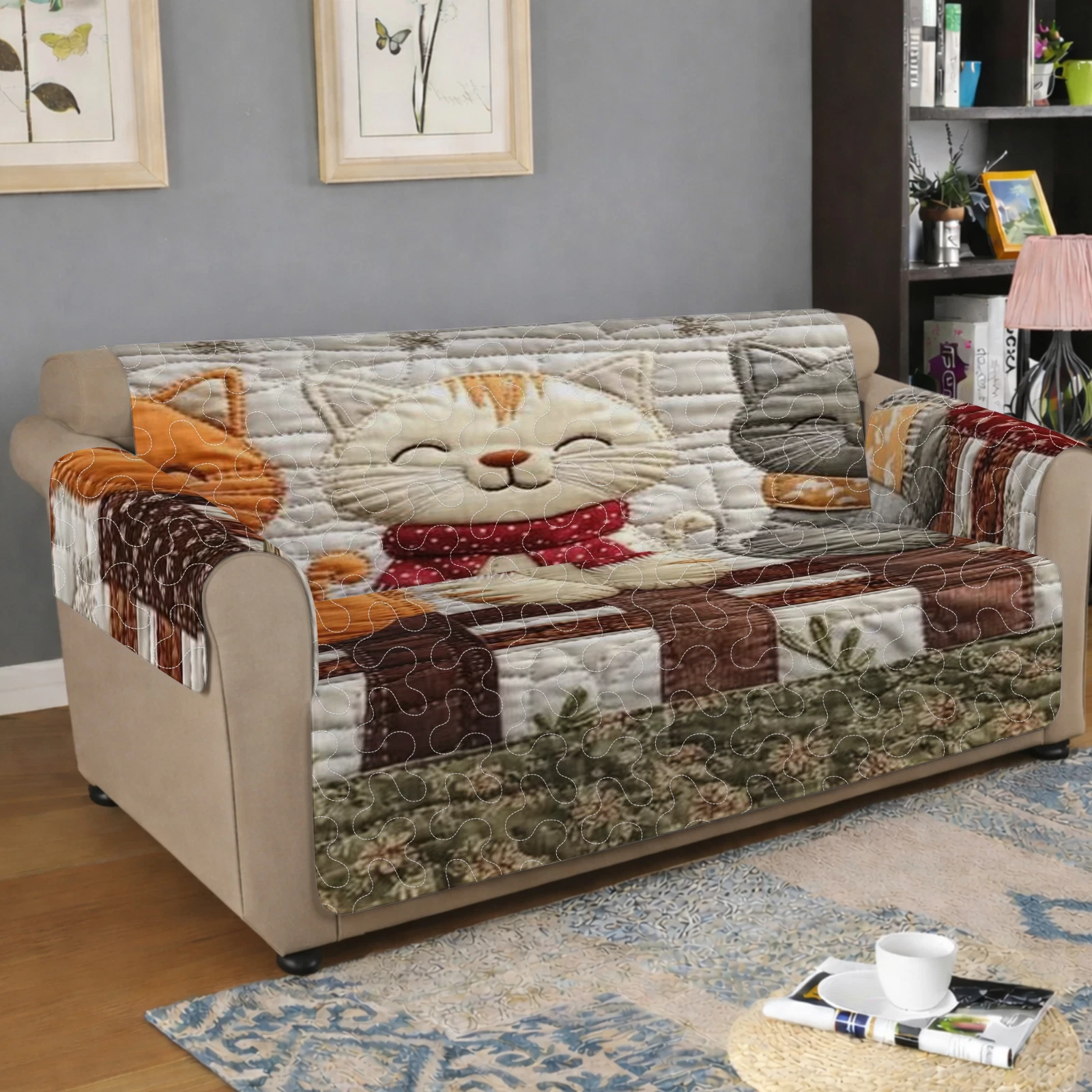 66" Winter Themed Quilted Sofa Cover, Cute Cat Print Couch Protector