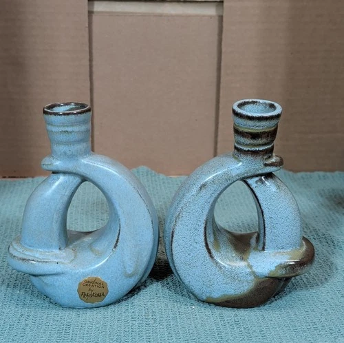Pair Vintage Frankoma Pottery 305 Woodland Moss Blue Freeform Loop Candle Holder