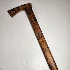 Zakopane Walking Stick Cane Shepherd Axe Hand Carved Floral Burned Flame Design