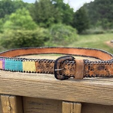 Vintage Colorful Guatemalan Woven Embroidered Leather Boho Belt Size 32