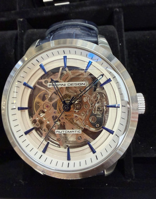 Pagani Design Automatic Skeleton Wristwatch Silver Case Blue Leather Strap