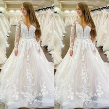 Elegant Wedding Dresses Long Sleeves V Neck Lace Applique A Line Bridal Gowns