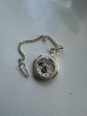 Mechanische Taschenuhr Silber mit Kette   Skeleton Handaufzug Mondphase