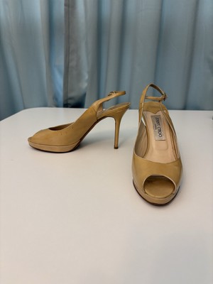 Jimmy Choo Heels Womens 39.5 Gold Glossy Leather Peep Toe Stiletto Platform