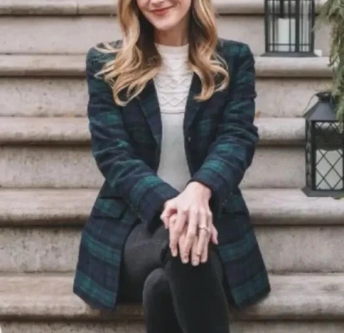 Talbots NEW 12 Green Black Watch Tartan Plaid Long Wool Blend Blazer Jacket - 第 2/16 張圖片