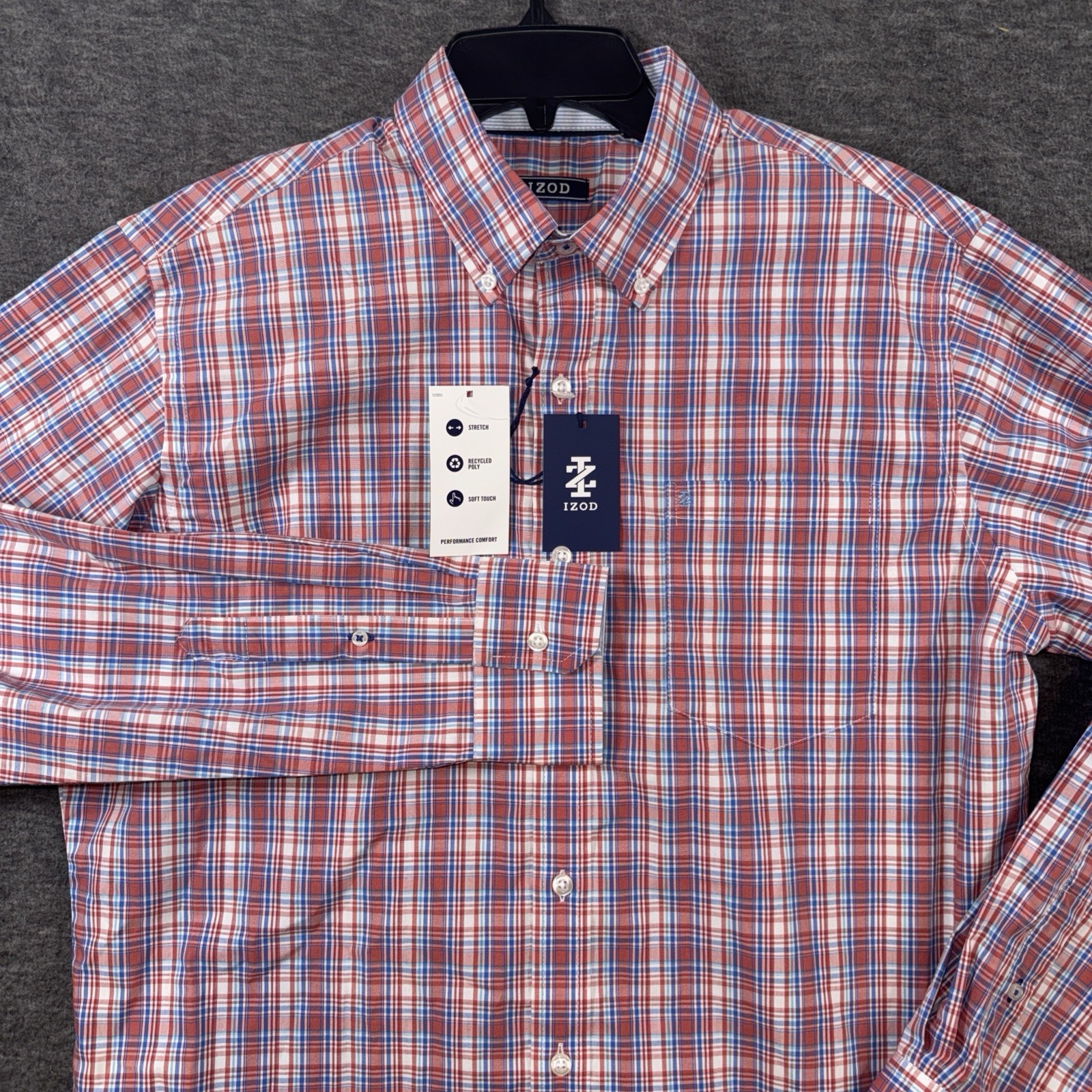 IZOD Men Comfort + Performance Woven Shirt Stretch Faded Rose Check Sz S NEW $65